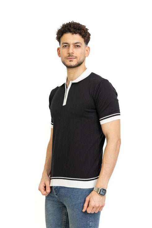 Black F - Zipper Polo Neck Pullover - Khotwh